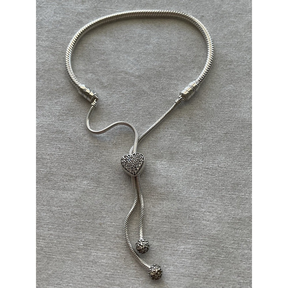 Pandora Moments Pavé Heart Clasp Snake Chain Slider Bracelet Sterling Silver ALE